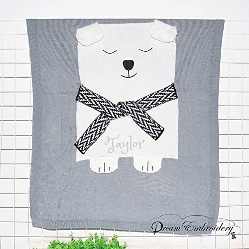  Dream Embroidery Personalized 3D Baby Blanket Cotton Knit Blanket Grey Bear Custom Monogram Embroidered Gift Baby Shower Infant Warm Blankie Blanket Swaddle (Grey Bear)