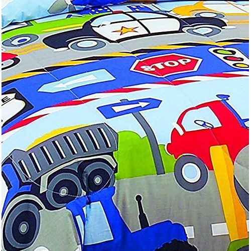  [아마존베스트]Dream Factory Trucks Tractors Cars Boys 5-Piece Comforter Sheet Set, Blue Red, Twin