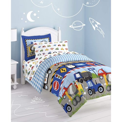  [아마존베스트]Dream Factory Trucks Tractors Cars Boys 5-Piece Comforter Sheet Set, Blue Red, Twin