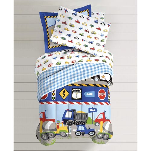  [아마존베스트]Dream Factory Trucks Tractors Cars Boys 5-Piece Comforter Sheet Set, Blue Red, Twin