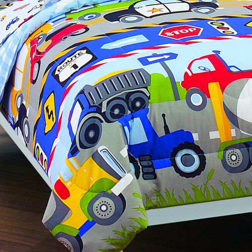  [아마존베스트]Dream Factory Trucks Tractors Cars Boys 5-Piece Comforter Sheet Set, Blue Red, Twin