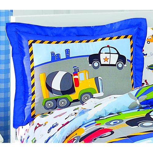  [아마존베스트]Dream Factory Trucks Tractors Cars Boys 5-Piece Comforter Sheet Set, Blue Red, Twin