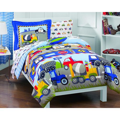  [아마존베스트]Dream Factory Trucks Tractors Cars Boys 5-Piece Comforter Sheet Set, Blue Red, Twin