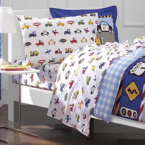  [아마존베스트]Dream Factory Trucks Tractors Cars Boys 5-Piece Comforter Sheet Set, Blue Red, Twin