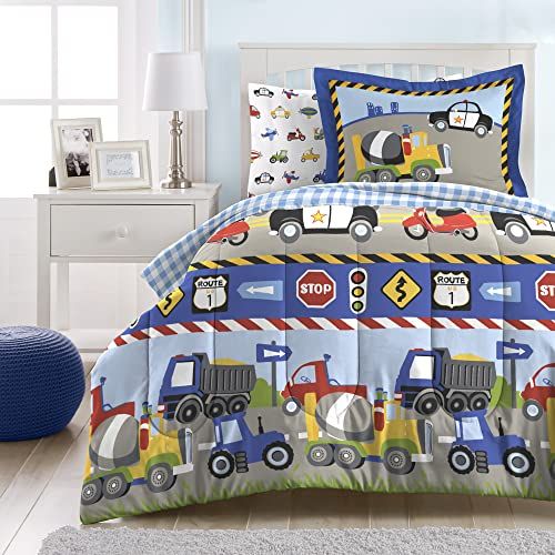  [아마존베스트]Dream Factory Trucks Tractors Cars Easy-Wash Super Soft Comforter Bedding, Twin, Red