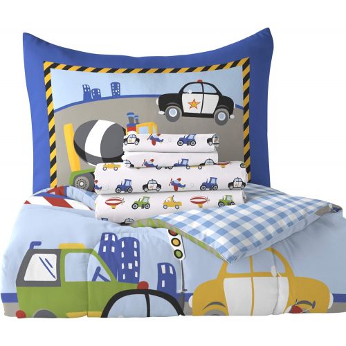  [아마존베스트]Dream Factory Trucks Tractors Cars Easy-Wash Super Soft Comforter Bedding, Twin, Red