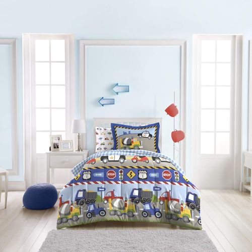  [아마존베스트]Dream Factory Trucks Tractors Cars Easy-Wash Super Soft Comforter Bedding, Twin, Red