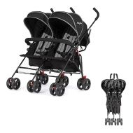 Volgo Twin Umbrella Stroller in Black, Lightweight Double Stroller for Infant & Toddler, Compact Easy Fold, Large Storage Basket, Large and Adjustable Canopy
