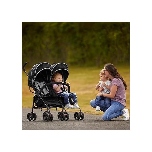  Volgo Twin Umbrella Stroller in Black, Lightweight Double Stroller for Infant & Toddler, Compact Easy Fold, Large Storage Basket, Large and Adjustable Canopy