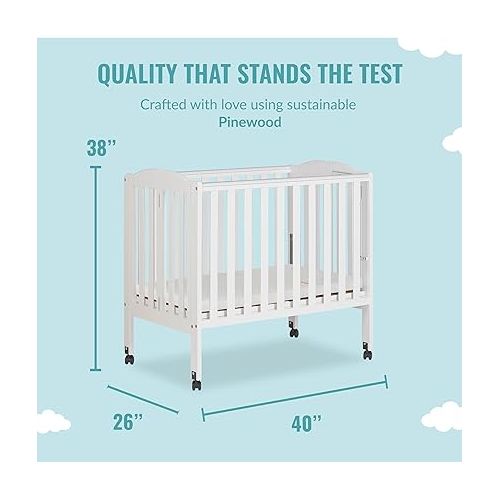  2-In-1 Portable Folding Stationary Side Crib In White, Greenguard Gold Certified, Two Adjustable Mattress Height Positions,Made Of Solid Pinewood, Flat Folding Crib