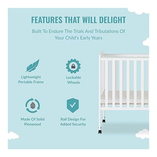  2-In-1 Lightweight Folding Portable Stationary Side Crib In White, Greenguard Gold Certified, Baby Crib To Playpen, Folds Flat For Storage, Locking Wheels