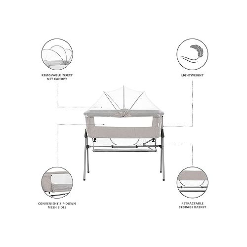  Lotus Bassinet and Bedside Sleeper in Grey, Lightweight and Portable Baby Bassinet, Adjustable Height Position, Easy to Fold and Carry Travel Bassinet- Carry Bag Included