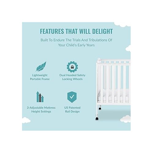  3 in 1 Portable Folding Stationary Side Crib in White, Greenguard Gold Certified, Safety Wheel with Locking Casters, Convertible, 3 Mattress Heights