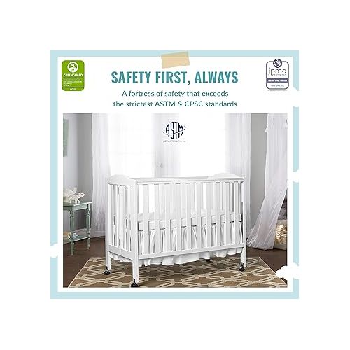  3 in 1 Portable Folding Stationary Side Crib in White, Greenguard Gold Certified, Safety Wheel with Locking Casters, Convertible, 3 Mattress Heights