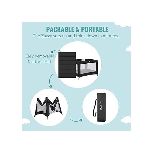  Zazzy Portable Playard with Bassinet in Black, Lightweight Packable and Easy Setup Baby Playard with Mattress and Travel Bag