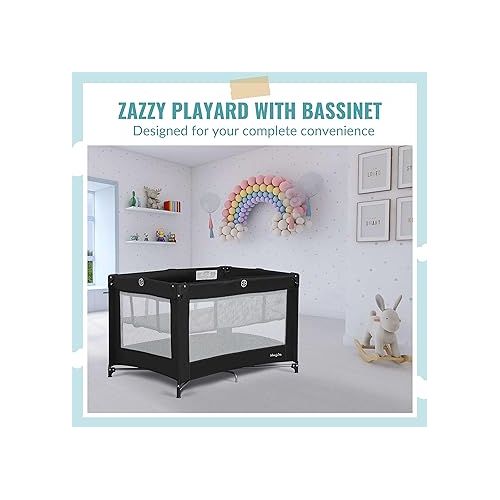  Zazzy Portable Playard with Bassinet in Black, Lightweight Packable and Easy Setup Baby Playard with Mattress and Travel Bag