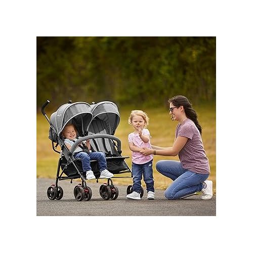  Volgo Twin Umbrella Stroller in Gray, Lightweight Double Stroller for Infant & Toddler, Compact Easy Fold, Large Storage Basket, Large and Adjustable Canopy