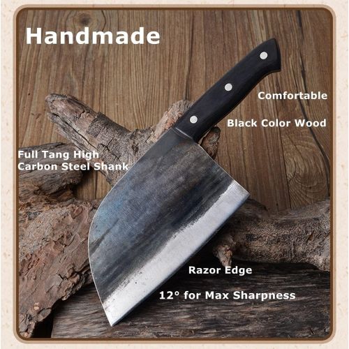  Dream Reach Forging Serbian Chef Knife Kitchen Chef Knives Full Tang High Carbon Clad Steel Almasi Butcher Cleaver with Leather Sheath (B-Almasi Knife)