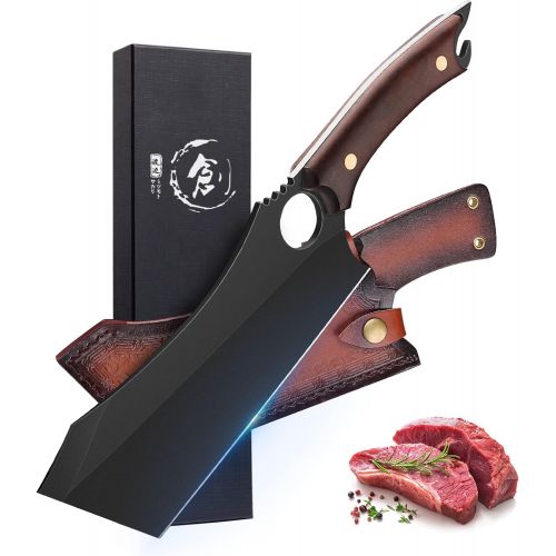  Dream Reach Meat Cleaver, 6.9 inch Black Meat Cleaver Boning Knife, Chef Chopping Cleaver Cooking Knife, High Carbon Steel Sharp Kitchen Viking Knife with Sheath Gift Box Bottle Opener for Out