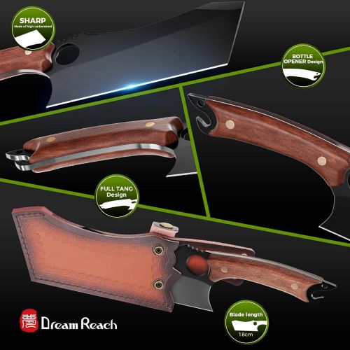  Dream Reach Meat Cleaver, 6.9 inch Black Meat Cleaver Boning Knife, Chef Chopping Cleaver Cooking Knife, High Carbon Steel Sharp Kitchen Viking Knife with Sheath Gift Box Bottle Opener for Out