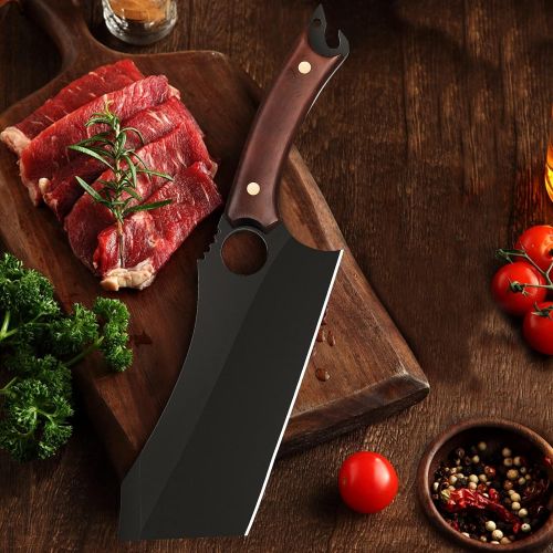  Dream Reach Meat Cleaver, 6.9 inch Black Meat Cleaver Boning Knife, Chef Chopping Cleaver Cooking Knife, High Carbon Steel Sharp Kitchen Viking Knife with Sheath Gift Box Bottle Opener for Out