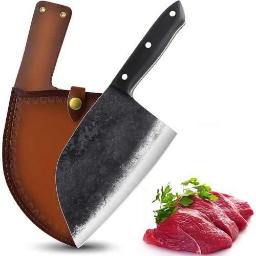 [아마존베스트]Dream Reach Professional Butcher Knife Handmade Forged Kitchen Chef Knife Full Tang High Carbon Clad Steel Butcher Cleaver with Leather Knife Sheath