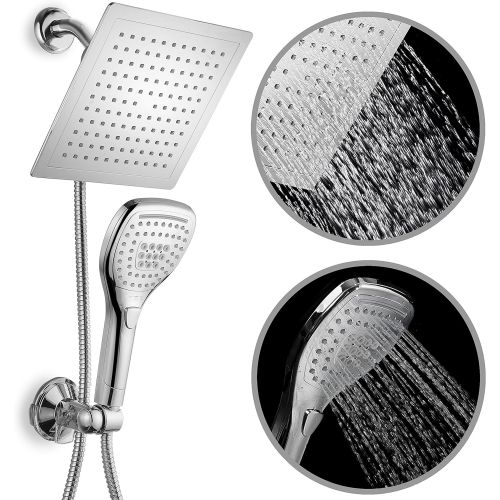  DreamSpa Ultra-Luxury 9 Rainfall Shower Head/Handheld Combo. Convenient Push-Button Flow Control Button for easy one-handed operation. Switch flow settings with the same hand! Prem