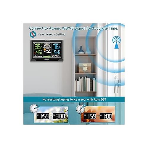  DreamSky Weather Station Indoor Outdoor Thermometer Wireless with Atomic Clock, Colorful Large Display with Adjustable Backlight, Inside Outside Temperature Humidity Monitor