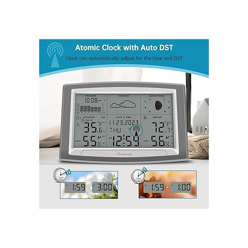  DreamSky Battery Powered Weather Station with Indoor Outdoor Thermometer Wireless for Home, 12.5 Inches Large Digital Atomic Clock with Indoor/Outdoor Temp, Humidity, Calendar Date