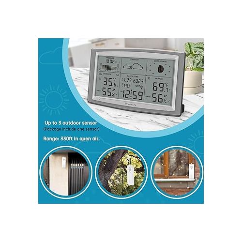  DreamSky Battery Powered Weather Station with Indoor Outdoor Thermometer Wireless for Home, 12.5 Inches Large Digital Atomic Clock with Indoor/Outdoor Temp, Humidity, Calendar Date