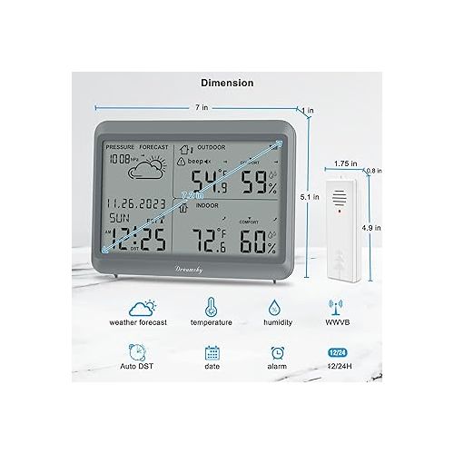  DreamSky Weather Station Wireless Indoor Outdoor Thermometer Humidity - Large Display Digital Atomic Weather Clock for Home, Support Multiple Sensors for Outside Temperature, Date, Auto DST