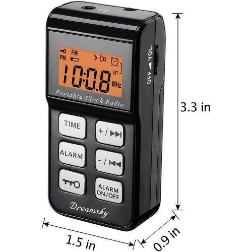  [아마존베스트]DreamSky Mini Portable FM Radio, Alarm Clock Radio with Earphone, 12H/24H Time Display with Backlight, Ascending Alarms, Battery Operated Travel Alarm Clock, Small Pocket Radio for