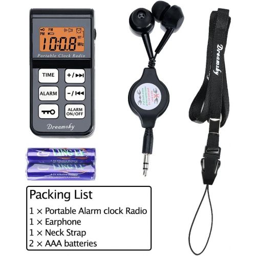  [아마존베스트]DreamSky Mini Portable FM Radio, Alarm Clock Radio with Earphone, 12H/24H Time Display with Backlight, Ascending Alarms, Battery Operated Travel Alarm Clock, Small Pocket Radio for