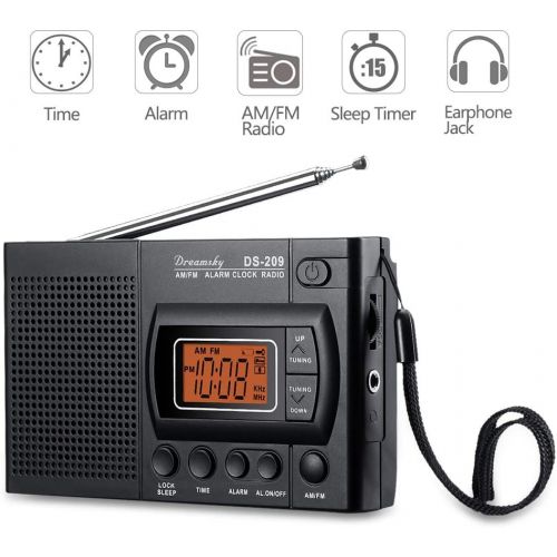  [아마존베스트]DreamSky Portable AM/FM Radio Alarm Clock, Earphone Jack, 12/24H Time Display with Backlight, Ascending Alarms, Battery Operated, Sleep Timer AA Battery Included for Walking, Emerg