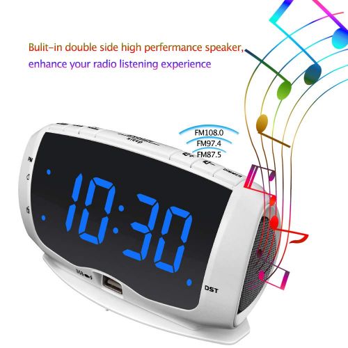  DreamSky Electronics Alarm Clock Radio for Bedrooms, FM Radio, 1.4 Inches Large LED Number Display, Dual USB Charging Ports, Headphone Jack, Snooze, DST, Sleep Timer (White+Blue):