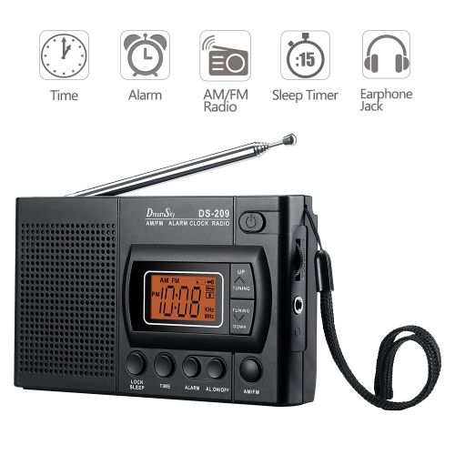 DreamSky Portable AM/FM Radio Alarm Clock, Earphone Jack, 12/24H Time Display with Backlight, Ascending Alarms, Battery Operated, Sleep Timer AA Battery Included for Walking, Emerg