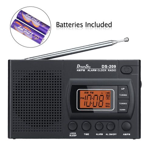  DreamSky Portable AM/FM Radio Alarm Clock, Earphone Jack, 12/24H Time Display with Backlight, Ascending Alarms, Battery Operated, Sleep Timer AA Battery Included for Walking, Emerg