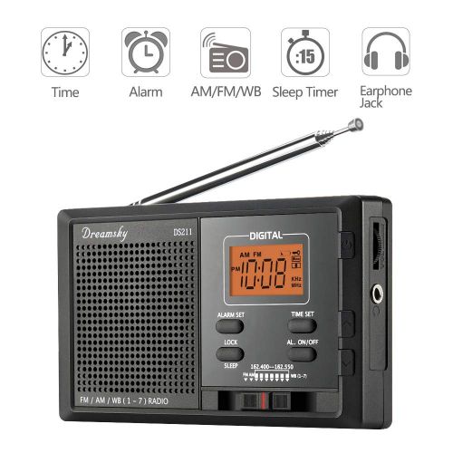  DreamSky Portable AM FM WB NOAA Weather Radio Alarm Clock, 12 /24H Time Display Backlight, Sleep Timer, Ascending Alarms, Built in Loud Speaker, Battery Operated Pocket Radios for