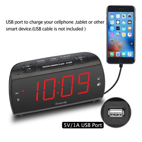  DreamSky Digital Alarm Clock Radio with USB Charging Port and FM Radios, Earphone Jack, Large 1.8 Inch LED Display with Dimmer, Snooze, Sleep Timer, Plug in Clock for Bedroom.: Hom