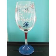 /DreamUpTreasures Red wine and booze wine glass red white and blue sparkled stem glitter dipped with firework decor independence day memorial day labor day