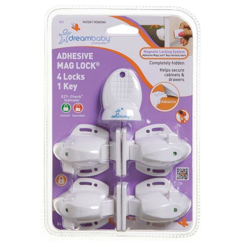  Dreambaby Adhesive Mag Locks - White - 2 Packs of 4 Locks & 1 Key = 8 Locks & 2 Keys