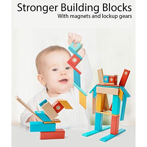  DreambuilderToy dreambuilderToy 14 Piece Magnetic Wooden Block Set, 2nd Generation, STEM Magnetic Wood Building Tiles (14 PCS)