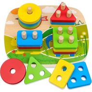 Dreampark Montessori Educational Toddler Toys: Montessori Toys for 1 2 3 Years Old Boys Girls Birthday Gifts, Toddlers Toys Ages 1-2 Wooden Stack and Sort Geometric Board Blocks Toys for Kids Baby