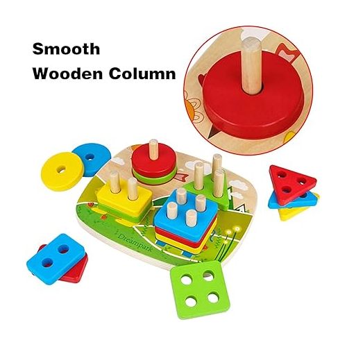  Dreampark Montessori Educational Toddler Toys: Montessori Toys for 1 2 3 Years Old Boys Girls Birthday Gifts, Toddlers Toys Ages 1-2 Wooden Stack and Sort Geometric Board Blocks Toys for Kids Baby