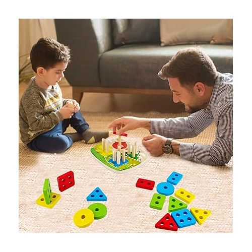  Dreampark Montessori Educational Toddler Toys: Montessori Toys for 1 2 3 Years Old Boys Girls Birthday Gifts, Toddlers Toys Ages 1-2 Wooden Stack and Sort Geometric Board Blocks Toys for Kids Baby