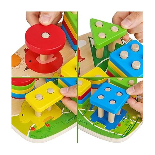  Dreampark Montessori Educational Toddler Toys: Montessori Toys for 1 2 3 Years Old Boys Girls Birthday Gifts, Toddlers Toys Ages 1-2 Wooden Stack and Sort Geometric Board Blocks Toys for Kids Baby