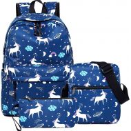 [아마존 핫딜]  [아마존핫딜]Unicorn School Backpack for Girls, Dreampark Student Bookbag for Teen Girls Shoulder Bags and Pen Case (Navy Blue)