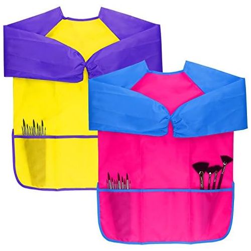  [아마존베스트]Dreampark 2 Pack Kids Art Aprons Children Art Smock with Waterproof Long Sleeve 3 Roomy Pockets , Ages 2-6 , Pink and Yellow (Paints and Brushes not Included)