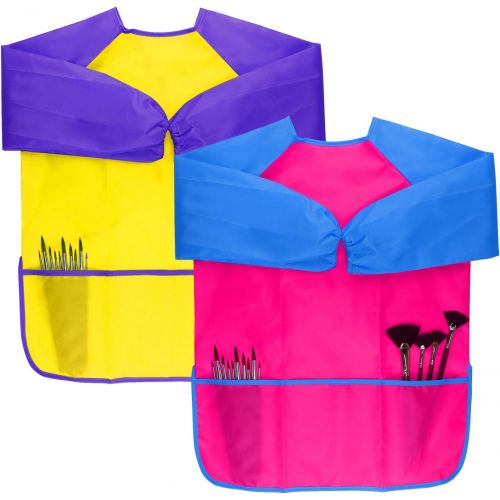  [아마존베스트]Dreampark 2 Pack Kids Art Aprons Children Art Smock with Waterproof Long Sleeve 3 Roomy Pockets , Ages 2-6 , Pink and Yellow (Paints and Brushes not Included)