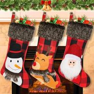 Dreampark Christmas Stockings 3 Pack - Big Size 18 Xmas Buffalo Plaid Christmas Plush Faux Stocking - Santa Snowman Reindeer Character Christmas Fireplace Decorations